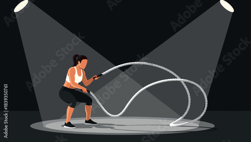 Dynamic fitness workout: female athlete battling ropes in spotlight