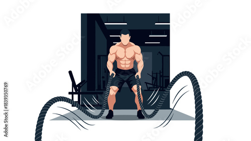 Muscular athlete training with battle ropes in gym