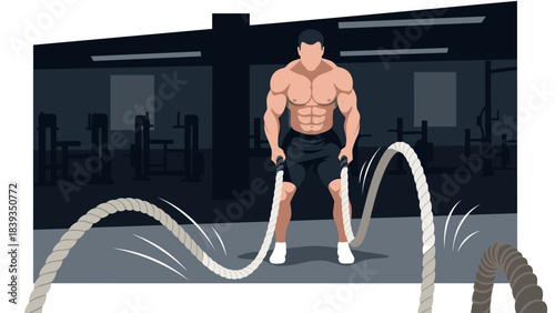 Muscular athlete training with battle ropes in gym