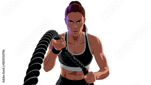 Intense female athlete training with battle ropes in dynamic fitness workout