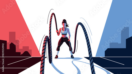Intense fitness workout with battle ropes in dynamic urban setting