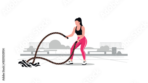 Woman exercising with battle rope in urban fitness setting, flat style
