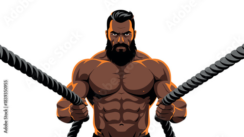 Muscular man with battle ropes in dynamic fitness illustration
