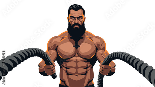 Bold athletic figure training with battle ropes in dynamic cartoon style