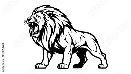 Stunning black and white roaring lion mascot design perfect for sports team branding and bold logos