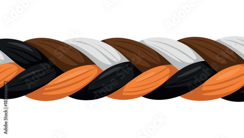 Colorful rope braid with black, white, brown, and orange segments
