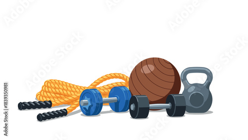 Colorful gym equipment including dumbbells, kettlebell, and medicine ball on white background