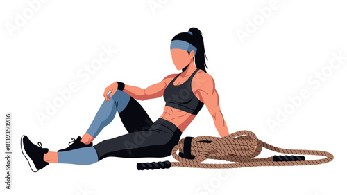 Fitness woman resting with battle ropes in gym workout illustration