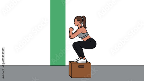 Athletic woman performing box jumps in gym setting