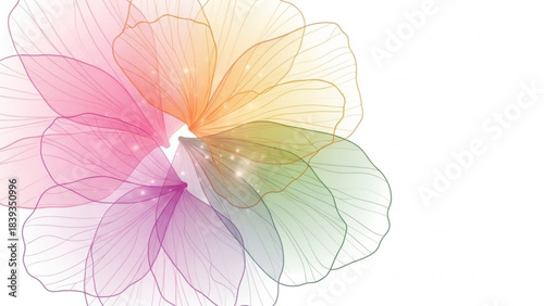 Delicate translucent flower petals in a vibrant rainbow gradient of pink orange yellow green and purple with subtle sparkling light effects on a white background