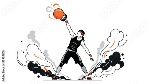 Dynamic kettlebell lift with energetic smoke effects in modern silhouette style