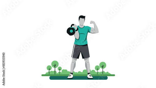 Muscular man exercising with kettlebell outdoors in minimalist flat style