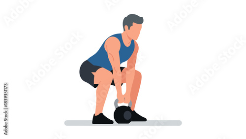 Active man performing kettlebell squat exercise in flat design