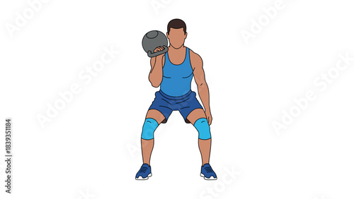 Athletic man exercising with kettlebell in flat style