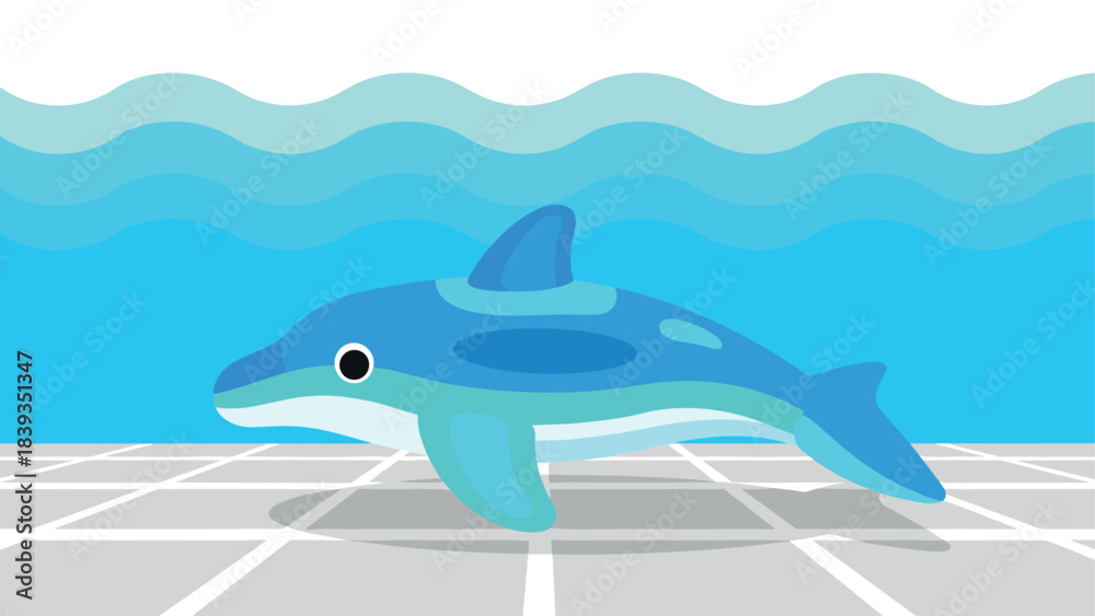 Fototapeta premium Colorful flat design dolphin with ocean waves in blue and white background