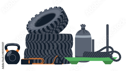 Gym equipment for functional fitness: tires, kettlebell, battle rope, and more