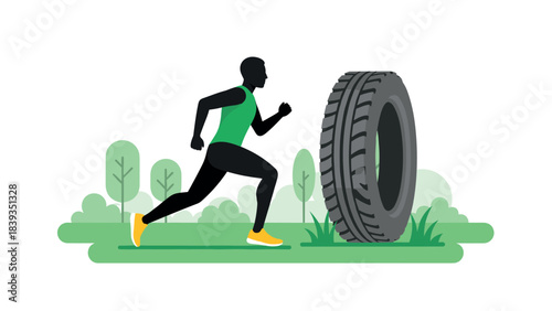 Silhouette of athlete running toward tire in outdoor fitness training scene