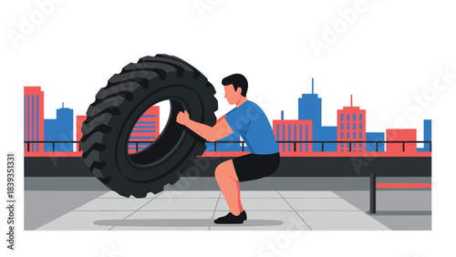 Flat design of man performing tire flip exercise on rooftop with cityscape background