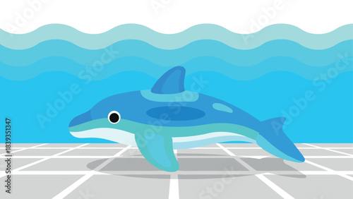 Colorful flat design dolphin with ocean waves in blue and white background