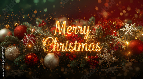 Luxury Merry Christmas Background with Glowing Gold Typography, Festive Ornaments, Bokeh Lights, and Magical Holiday Glow