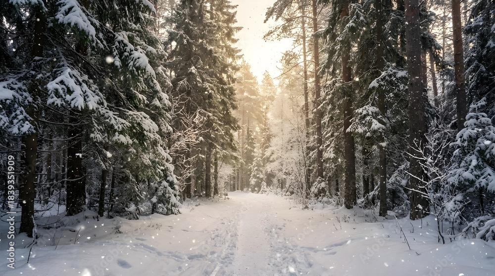 Obraz premium Sunlight filtering through tall pine trees along snowy forest path