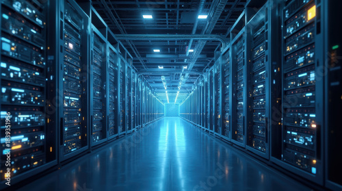 Dolly Shot Through A Futuristic Server Room With Digital Data Visualization.