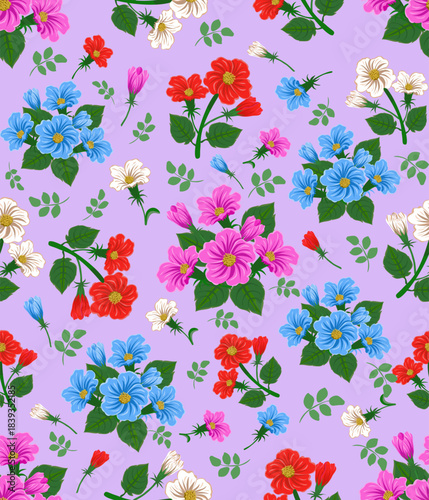 Floral cute seamless pattern with hand drawn beautiful flowers, garden blooming, Spring summer has a cozy background. Vintage trendy print. Cottage core aesthetic. Vector flat illustration. 