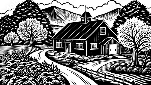 Very beautiful Sleepy Hollow Farm in Vermont, surrounded by brilliant fall foliage, rustic barns, winding path, and peaceful countryside atmosphere under soft warm light.