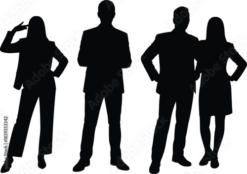 Silhouettes of Business Professionals in Confident Poses on White Background Representing Corporate Teamwork, Leadership, and Professionalism
