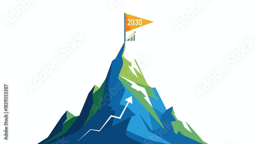 Mountain peak with flag and upward growth chart symbol, representing future success and business goals