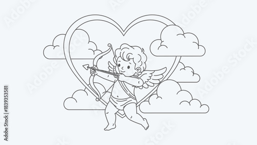 A charming illustration of Cupid aiming his bow and arrow with a heart and clouds in the background.