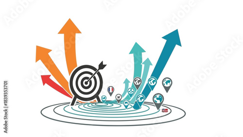 Business growth and global expansion illustrated with upward arrows and target graphics