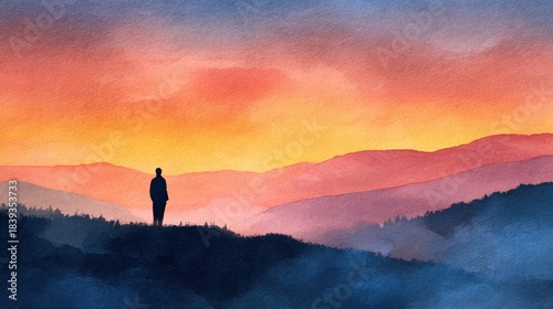 Silhouette of Person Standing in Colorful Mountain Landscape at Sunset