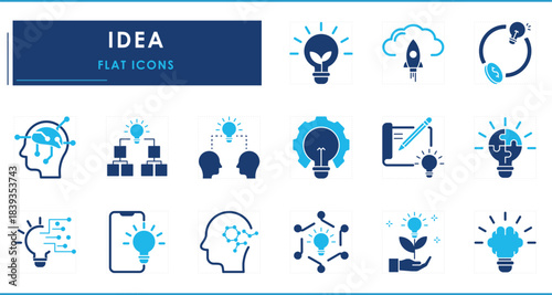 A set of flat icons related to Idea. Idea, logic, reasoning, technology, brain, sharp, growth, logical, startup, brilliant, and so on.