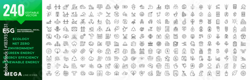 Big ESG line icons mega collection. Environmental, Social, Governance, solar panels, recycling, green city, ecology, renewable energy, energy efficiency, net zero, big UI icon set. Editable stroke