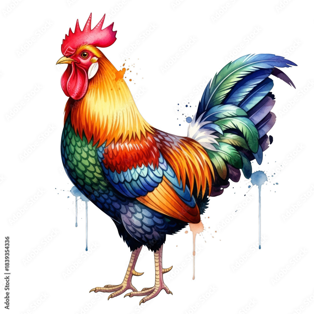 Fototapeta premium Watercolor Colorful Rooster with Dripping Paint Effect isolated on a transparent background