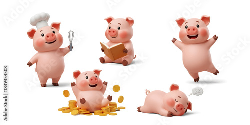 Adorable 3D Cartoon Pig Character Set - Chef, Student, Dancer, Sleeping, and Wealthy Pig Poses for Cooking, Education, Finance, and Farm Themes