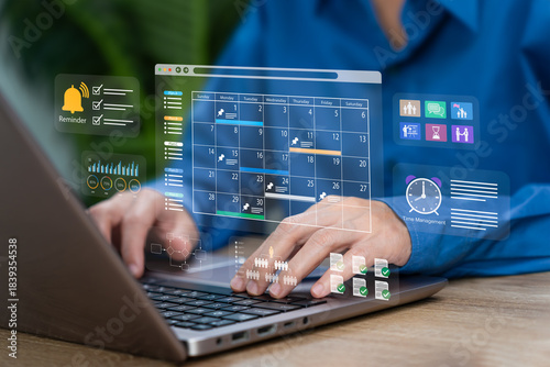 Time Management Alerts Concept, Businesswoman Tracking Calendar Notifications, Daily Schedules, Business Planning Reminders, and Productivity Events Through Smart Digital Tools, Improving performance