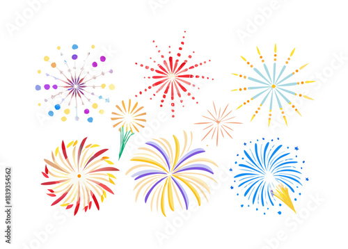 Big set of various fireworks with brightly shining sparks. Colorful pyrotechnics show. Realistic fireworks celebration isolated vector illustration. Beautiful light performance in night sky. vector 