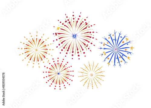Big set of various fireworks with brightly shining sparks. Colorful pyrotechnics show. Realistic fireworks celebration isolated vector illustration. Beautiful light performance in night sky. vector 