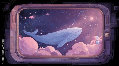Whale Viewing Through Space Window in Pink Clouds Surrounded by Stars
