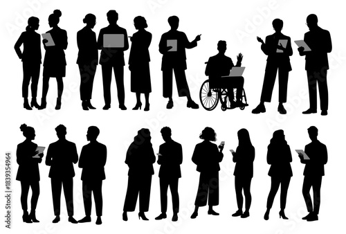 A black and white silhouette set of diverse business professionals, including wheelchair users with varied professional poses, laptops, phones. Vector illustration isolated on transparent background