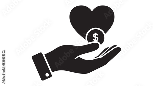 Black silhouette vector icon of a hand holding a heart shape with a dollar coin, symbolizing charitable donation, philanthropy, and financial support