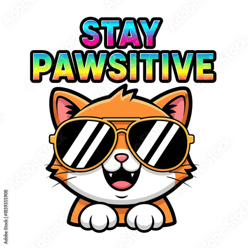 Cool cat wearing sunglasses reminds everyone to stay pawsitive