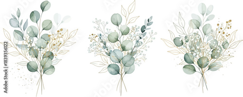 Elegant Watercolor Eucalyptus Greenery Bouquets with Gold Accents on White Background