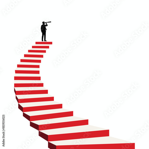 A minimalist vector illustration of a businessman standing at the peak of a staircase using a telescope. He is looking for new goals, symbolizing career success, leadership, strategic vision، PNG
