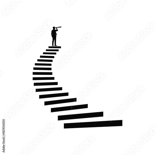 A minimalist vector illustration of a businessman standing at the peak of a staircase using a telescope. He is looking for new goals, symbolizing career success, leadership, strategic vision، PNG