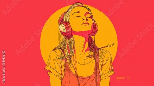 Young Woman Listening to Music Wearing Headphones in Bright Red and Yellow Background