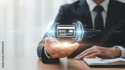 Businessman Reaching Out Hand to Grasp Digital Card With Rectangular Glowing Edges, Business Document on Table, Representing Identity Authentication and Business Transactions