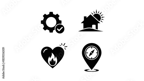 Essential daily life and system management icons for home, navigation, and well-being
